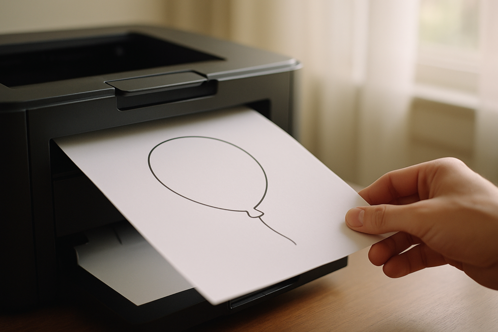Blatt mit einfacher Konturzeichnung kommt aus dem Papierfach eines Druckers
